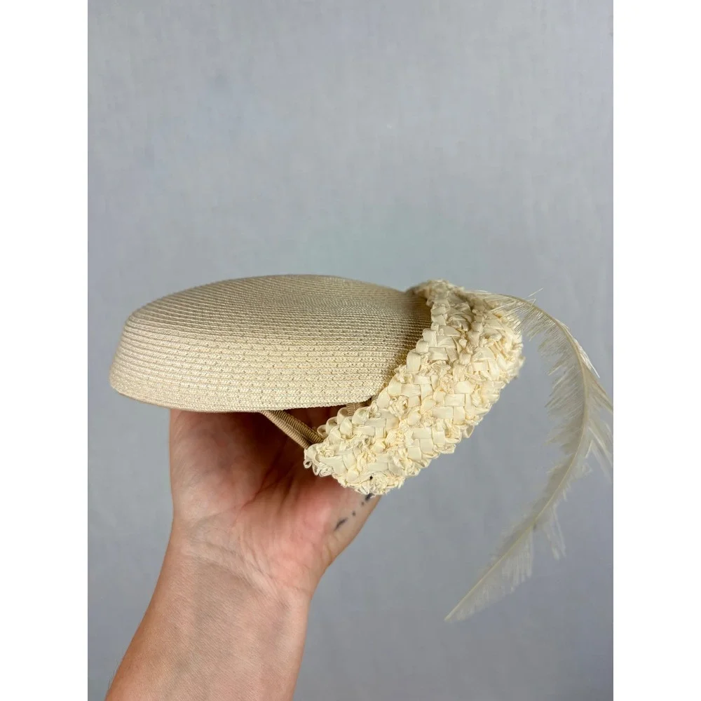 Vintage Cream Straw Pillbox Hat Feather Gemstone Detail Formal Church Wedding